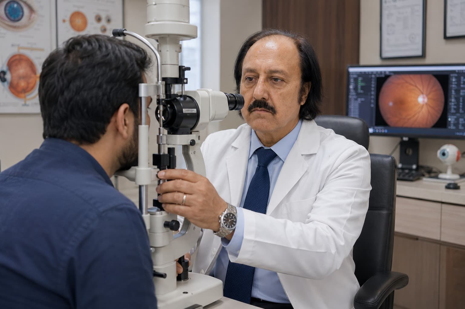 Dr. Qaim examining a patient at the slit lamp